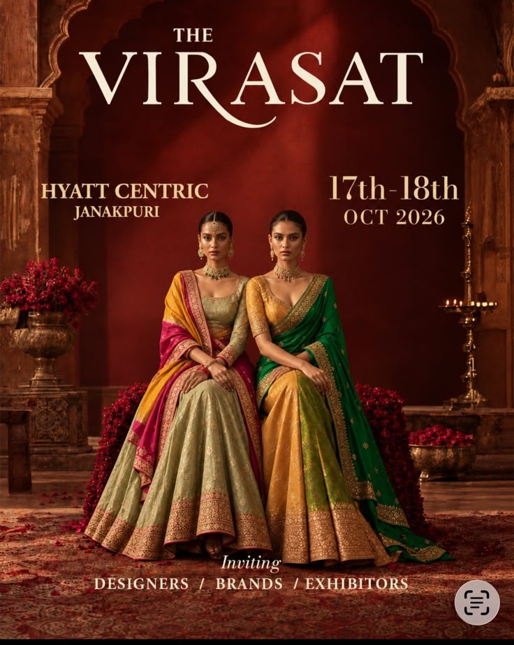 Virasat invitation poster showing two women in Indian bridal couture at Hyatt Centric Janakpuri on 17th and 18th October 2026